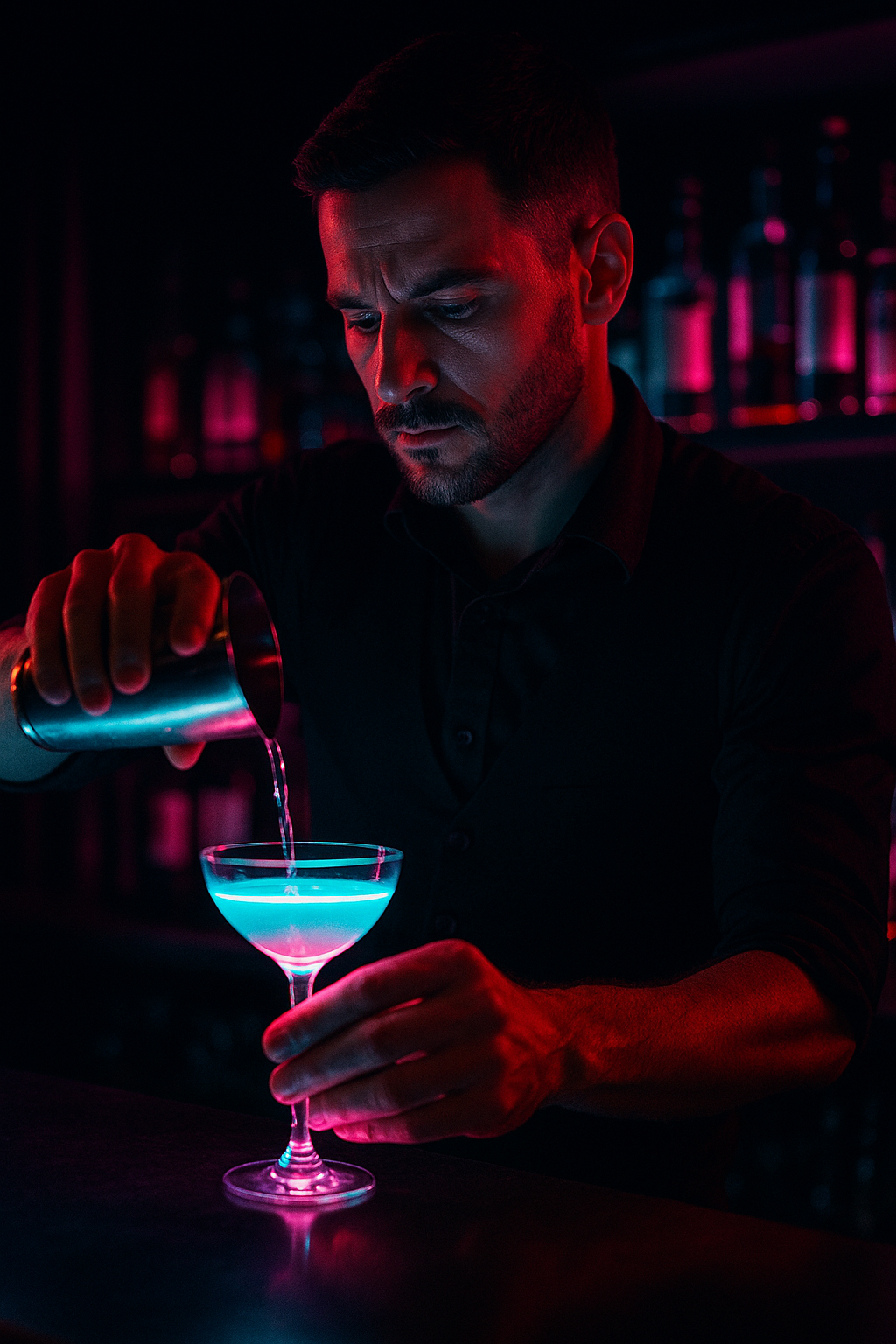 עידו נמרוד, ראש בר ומיקסולוג של NEON POUR, מכין קוקטייל ביד מקצועית בסביבת בר ניאון